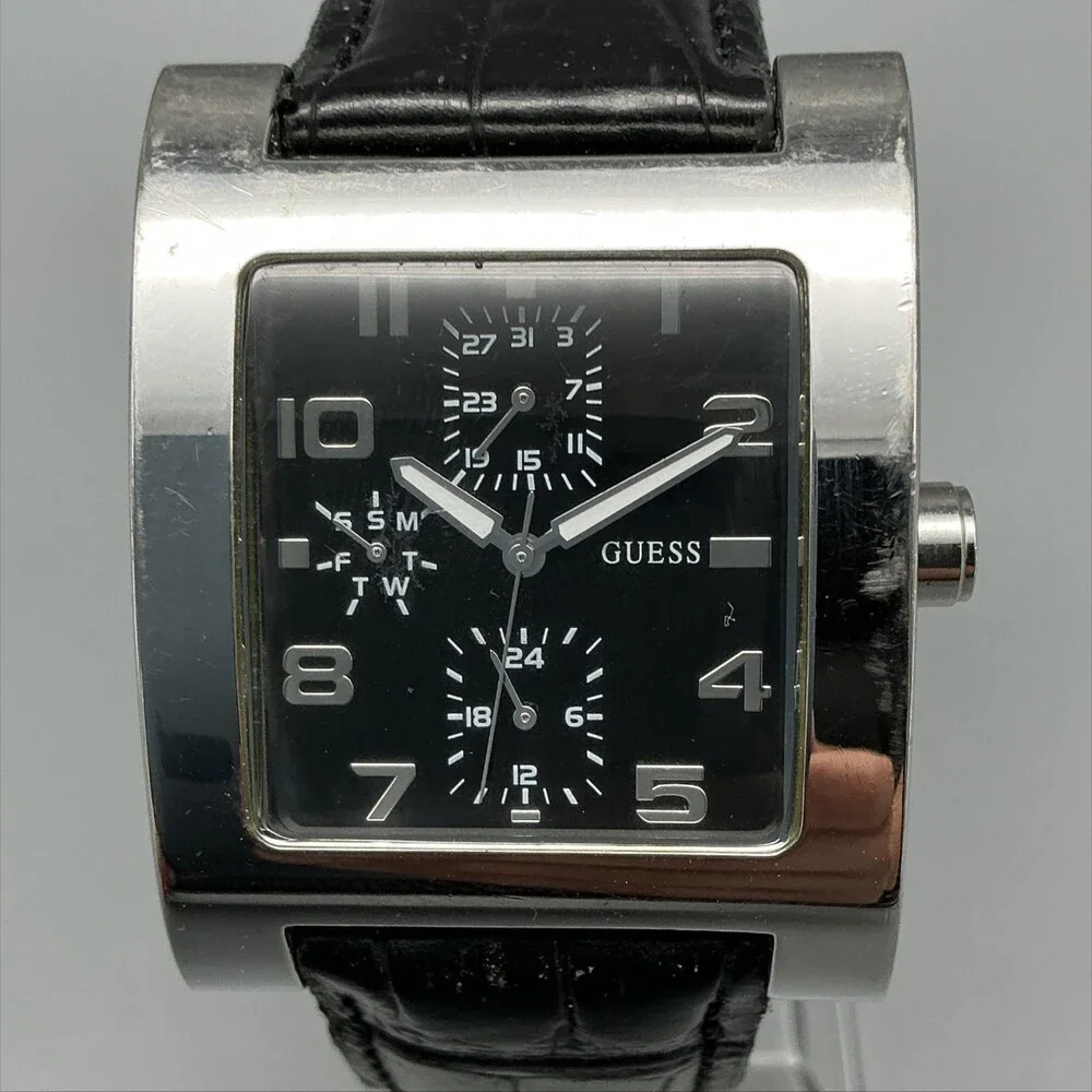Guess G85569G Mens Watch 35mm Black Dial Leather Stainless Day Date New Battery